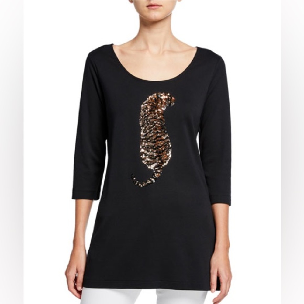 Joan Vass XL Black Sequin Tiger Tunic 3/4 Sleeves NWT Orig $245